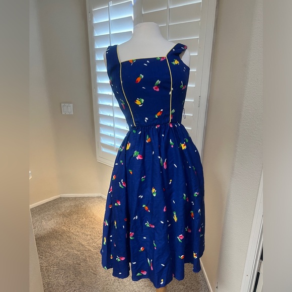 Vintage Dresses & Skirts - Sabino 80s Blue Floral novelty rockabilly Pockets Pin Up Glam Fit Flare dress‎ 8
